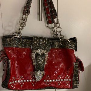 Large Women's Handbag, Red Patent Leather with Black and Gold Leather trim